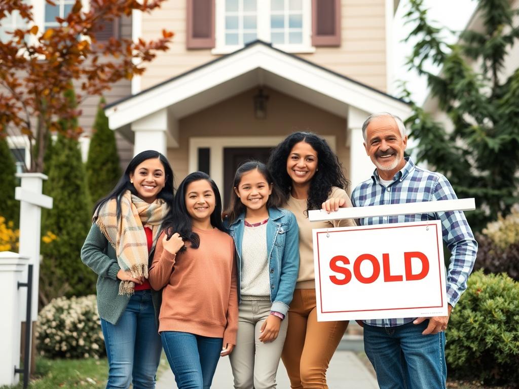 Canadian family in front of their new home with a sold sign