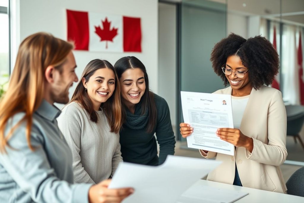 Canadian family receiving mortgage approval for their new home