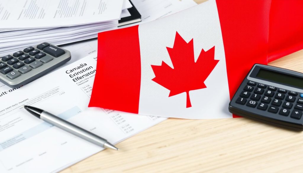 Canadian flag with financial documents representing nationwide debt solutions Canadian flag with financial documents representing nationwide debt solutions
