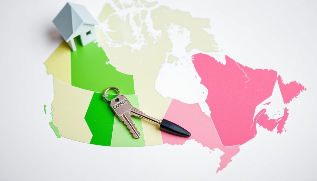 Canadian mortgage guide by province showing a map of Canada with house keys