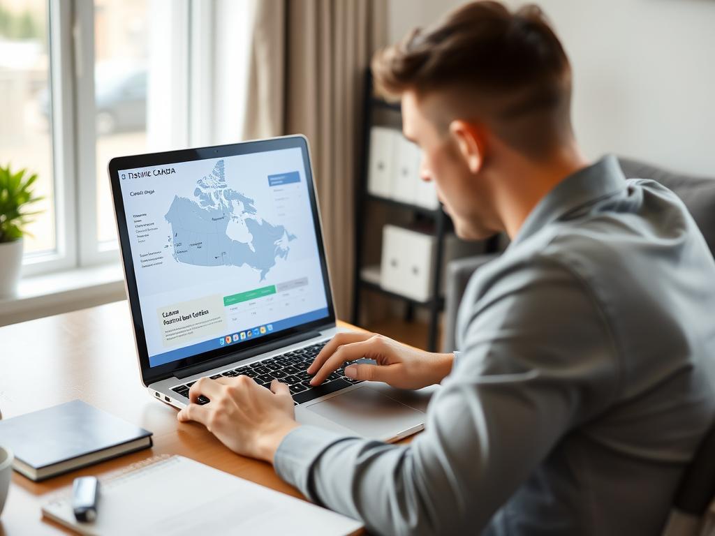 Person using laptop to research auto loan options across Canadian provinces Person using laptop to research auto loan options across Canadian provinces