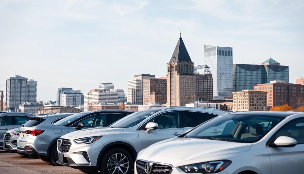 Quebec City skyline with cars and auto financing advertisement Quebec City skyline with cars and auto financing advertisement