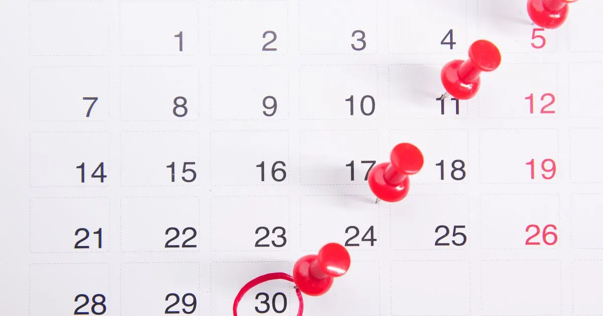 Calendar with pinned dates showing an installment loan payment schedule