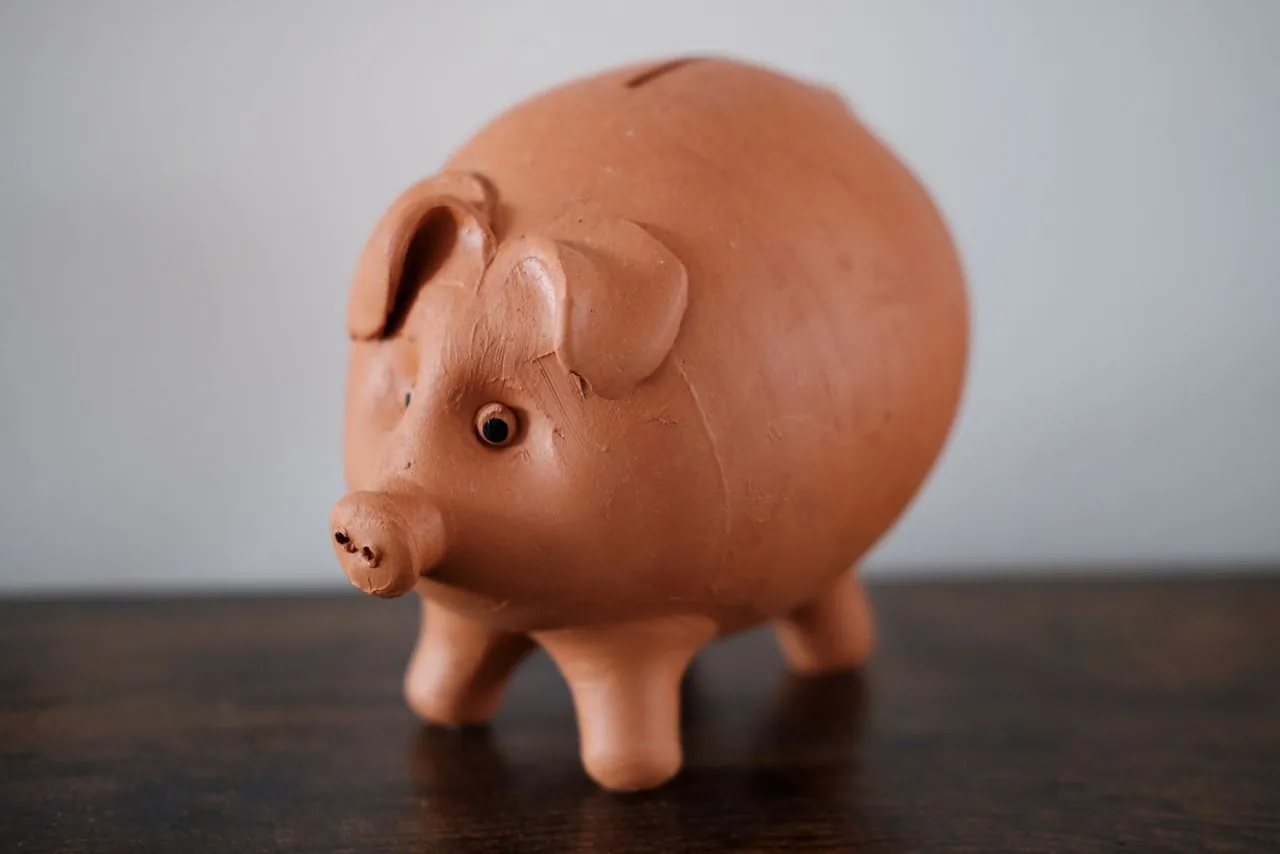 Piggy bank on a wooden table for saving a tax refund
